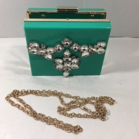 Fashionable Rhinestone Hardcase Box Turquoise Glam Clutch Crossbody 5x6 - Picture 1 of 13